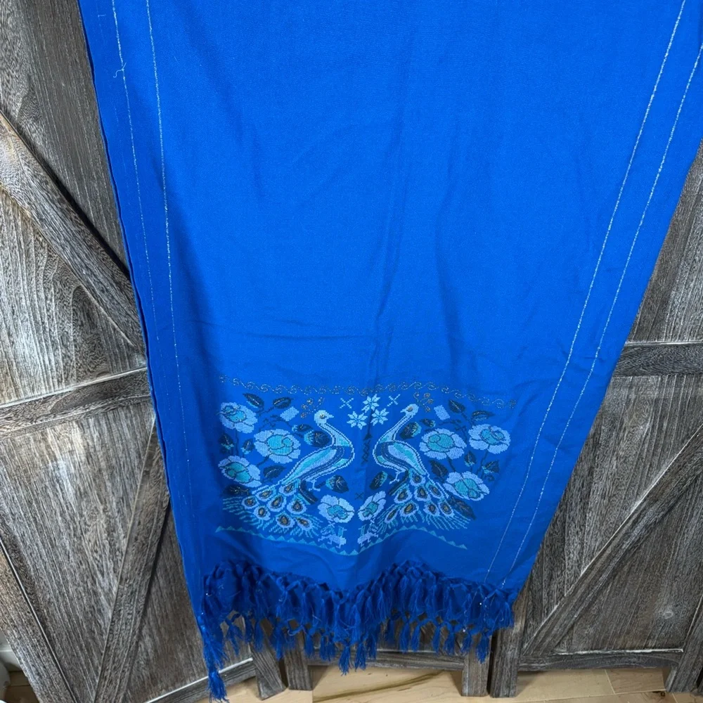 Vibrant Blue Table Runner‎ with Peacock Design